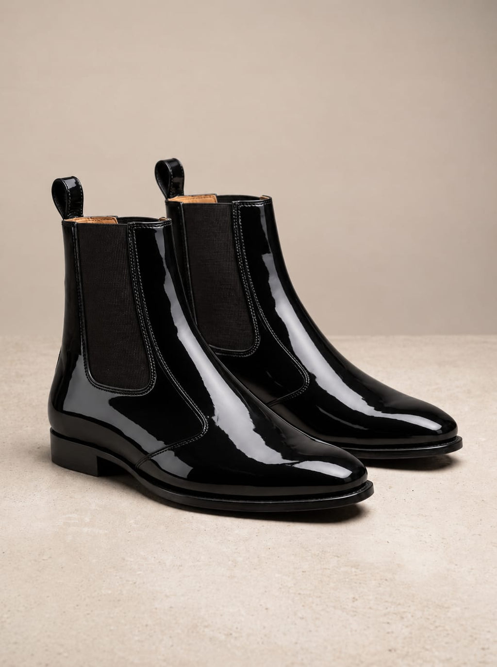 Shadow | Men's black patent leather Chelsea boots with elastic side panels | D.