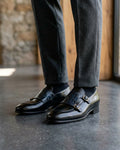 men's black double monk strap leather shoes navy croco strap gold buckle Pakistan