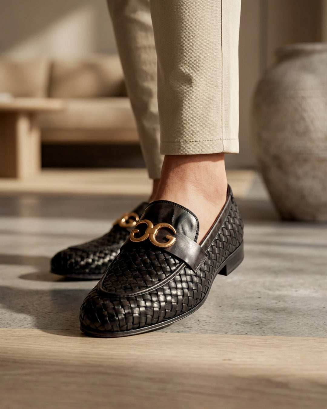 MidnightWeave D. men's black woven leather loafers gold emblem formal Pakistan