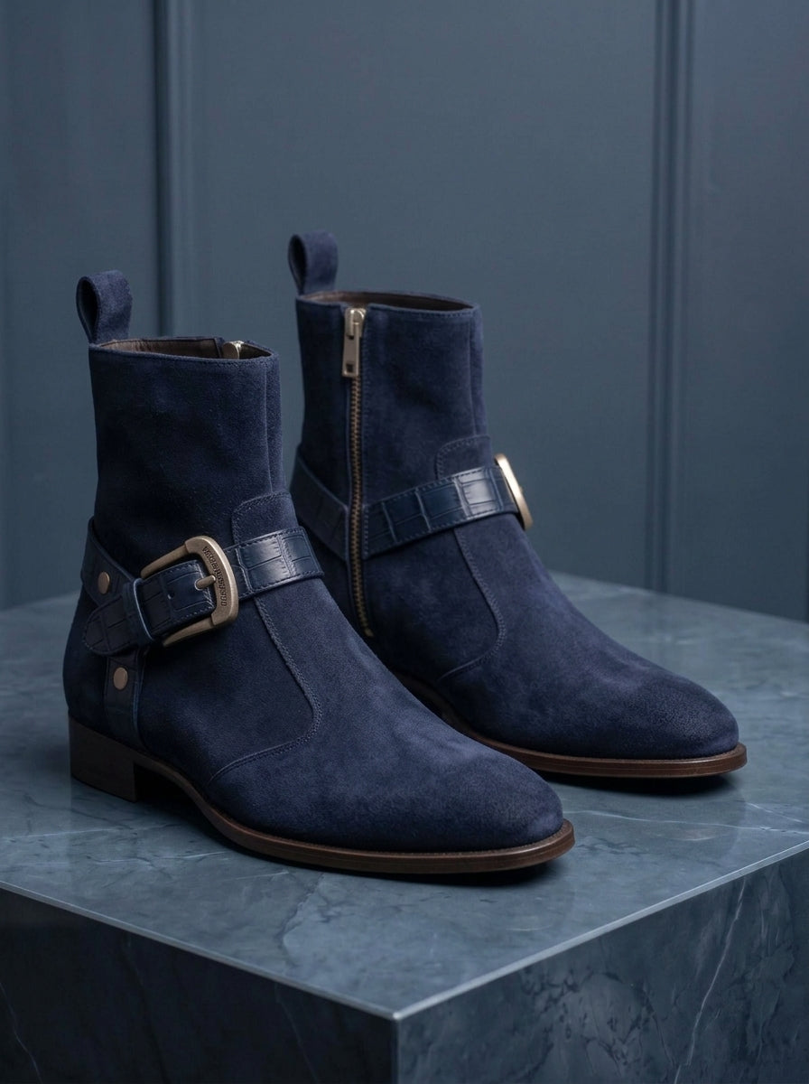 Crown Walker | Men's Navy Blue Suede Ankle Boots with Croco Strap & Silver Buckle | D.