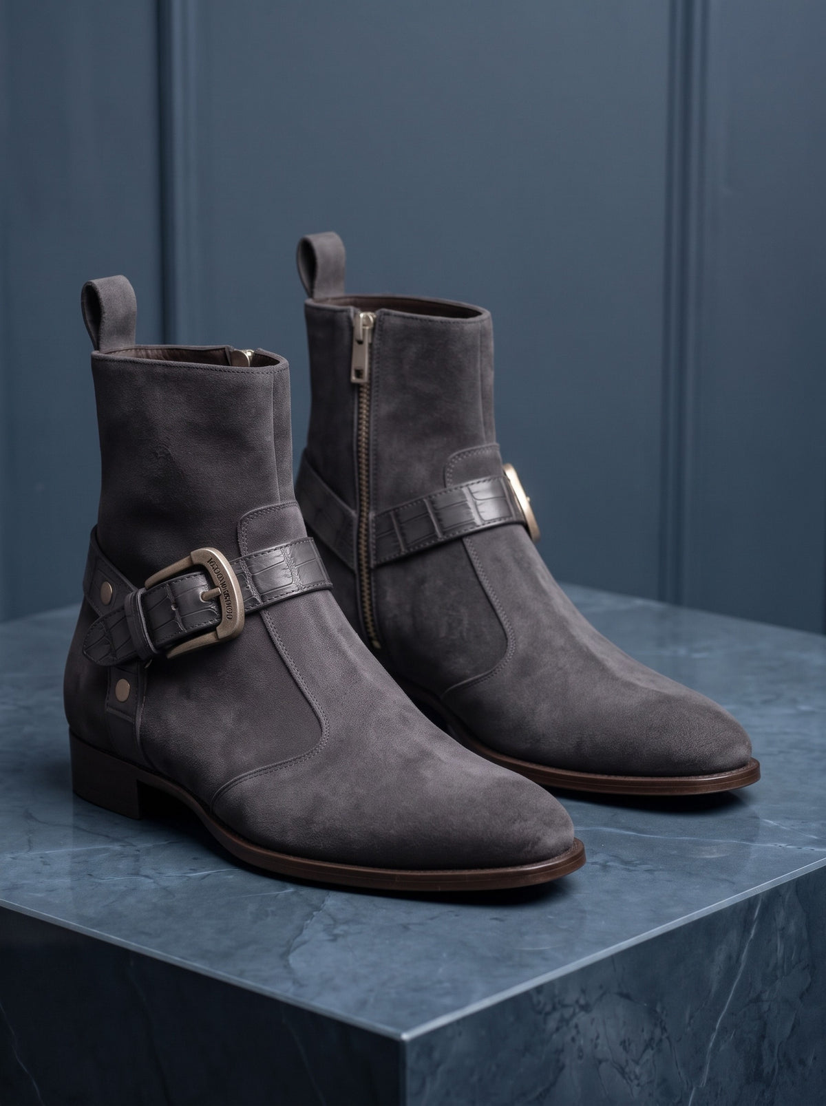 Crown Walker | Men's Grey Suede Ankle Boots with Croco Strap & Silver Buckle | D.