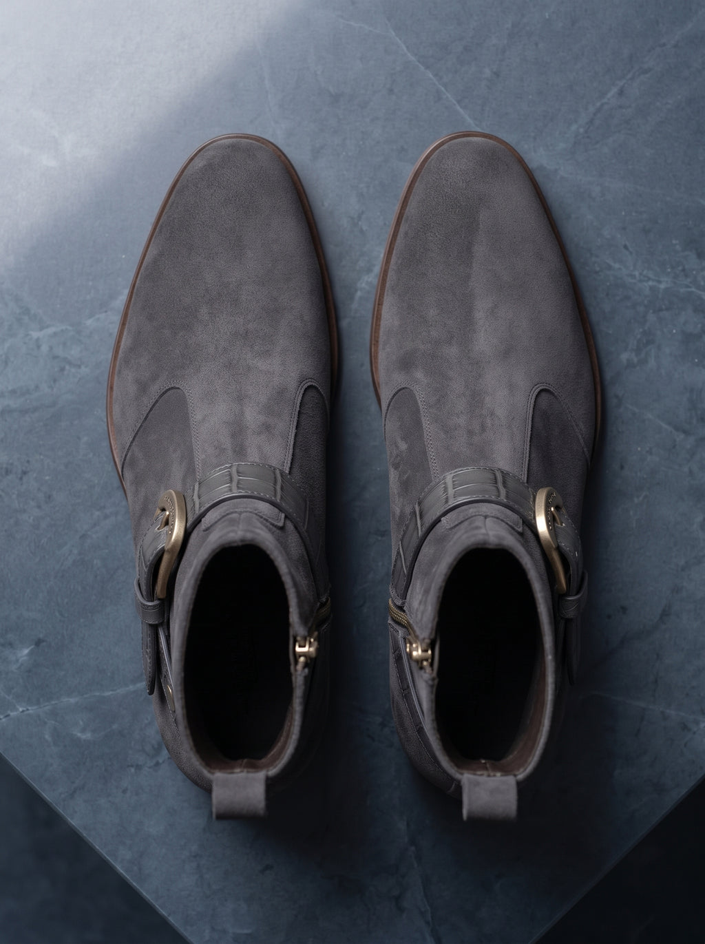 Crown Walker | Men's Grey Suede Ankle Boots with Croco Strap & Silver Buckle | D.
