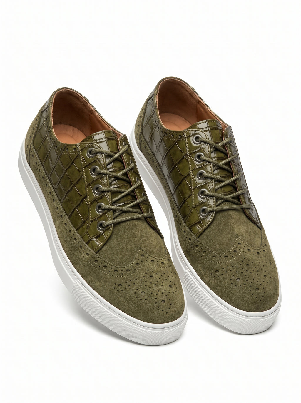 Olive Green Baron | Men's Olive Green Suede Wingtip Sneakers with Croco Leather Panel | D.