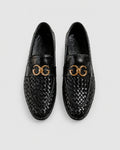 MidnightWeave | Men's Black Woven Leather Loafers with Gold Emblem | D.