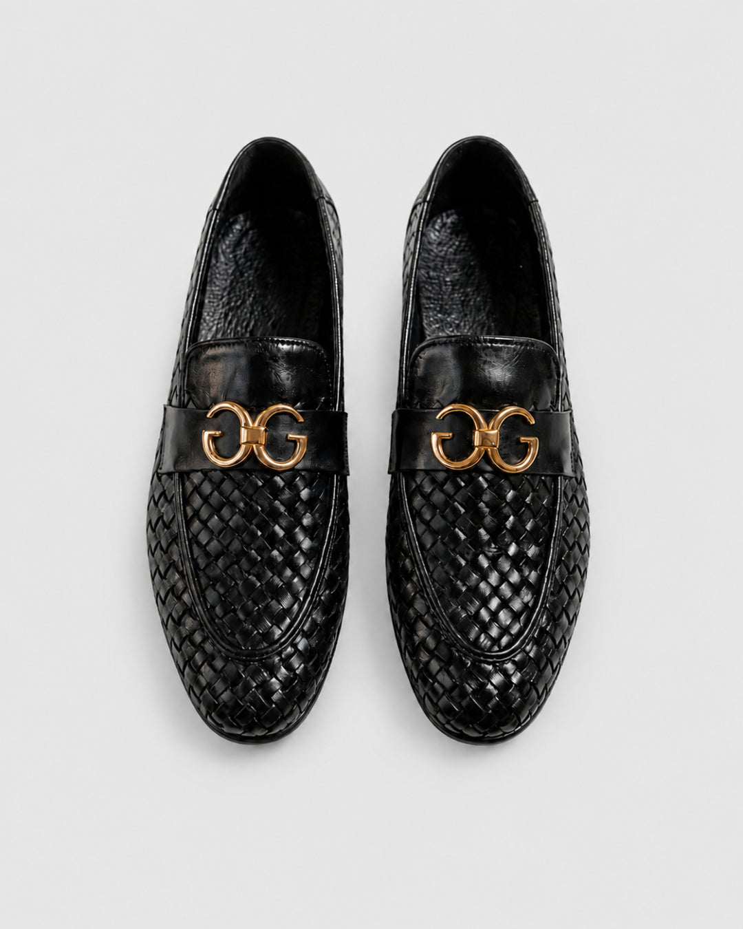 MidnightWeave | Men's Black Woven Leather Loafers with Gold Emblem | D.