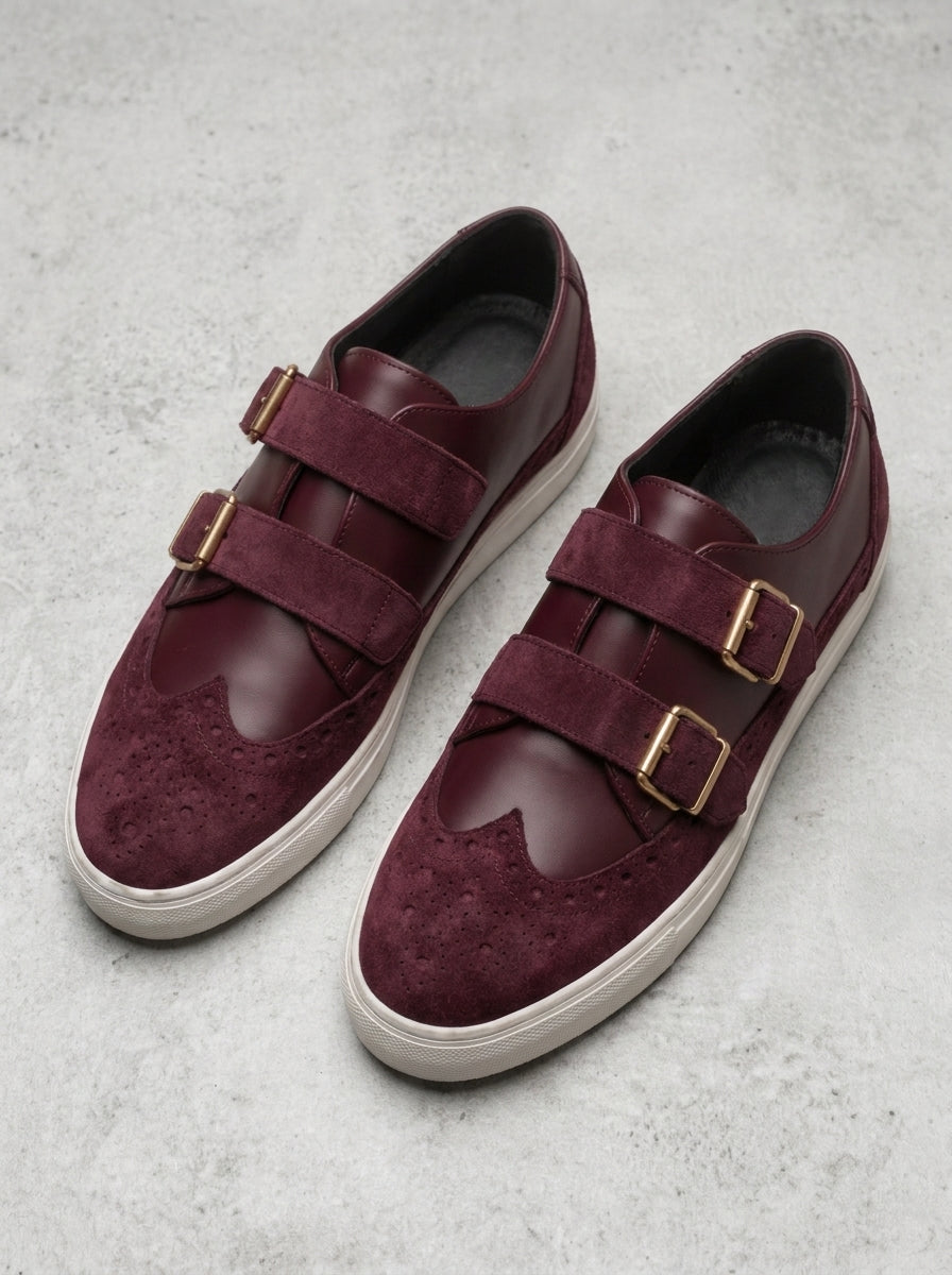 Velvet Crest Burgundy | Men's Burgundy Suede Double Monk Strap Sneakers with Gold Buckles | D.