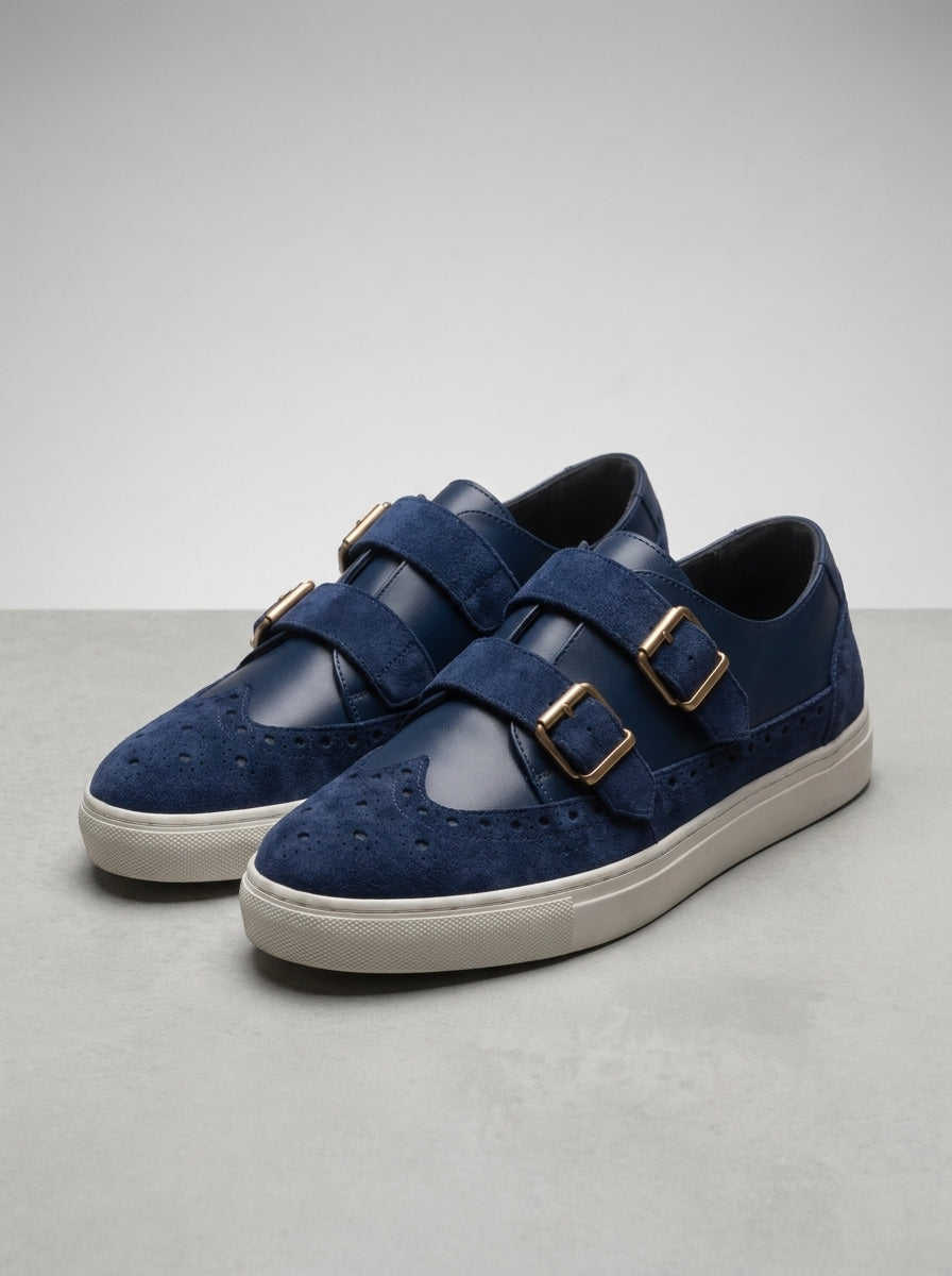 Velvet Crest Navy Blue | Men's Navy Blue Suede Double Monk Strap Sneakers with Gold Buckles | D.