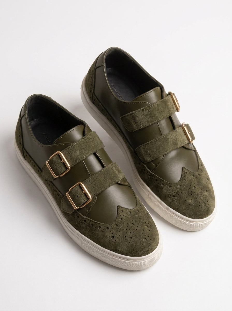 Velvet Crest Olive Green| Men's Olive Green Suede Double Monk Strap Sneakers with Gold Buckles | D.