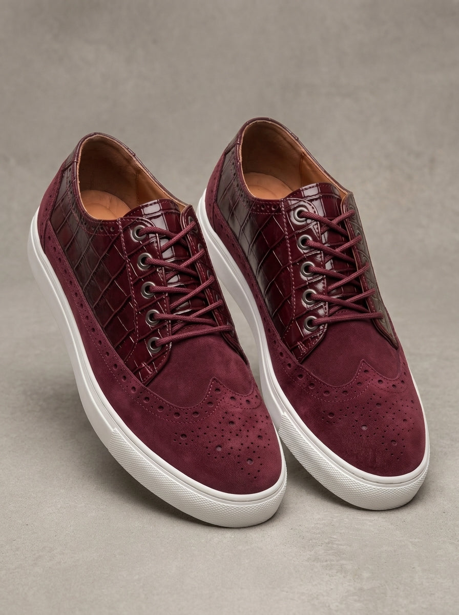 Burgundy Baron | Men's Burgundy Suede Wingtip Sneakers with Croco Leather Panel | D.