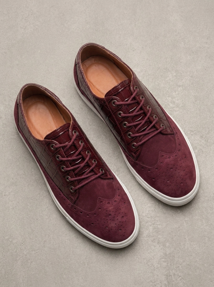 Burgundy Baron | Men's Burgundy Suede Wingtip Sneakers with Croco Leather Panel | D.