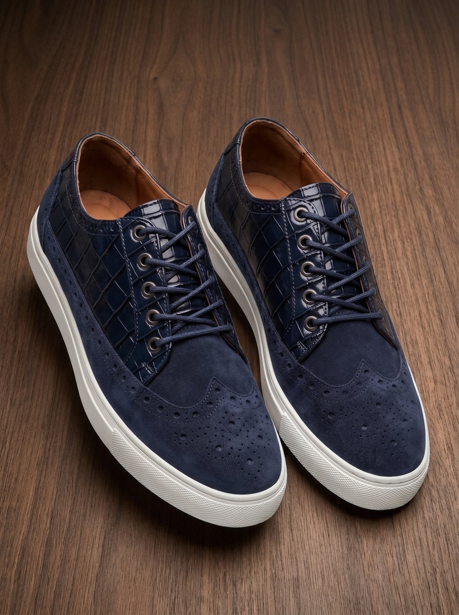 Navy Blue Baron | Men's Navy Blue Suede Wingtip Sneakers with Croco Leather Panel | D.