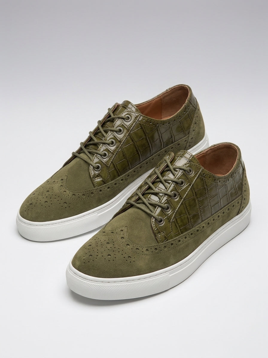 Olive Green Baron | Men's Olive Green Suede Wingtip Sneakers with Croco Leather Panel | D.