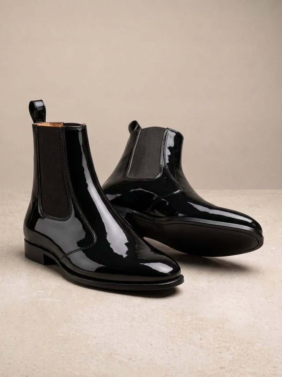 Shadow | Men's black patent leather Chelsea boots with elastic side panels | D.