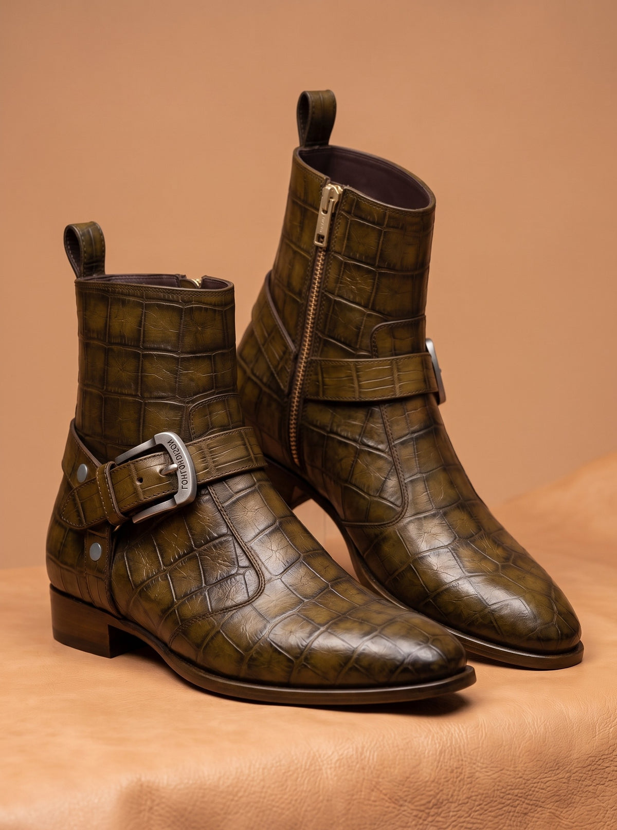 Olive Crest D. men's olive green croco leather ankle boots silver buckle zip Pakistan