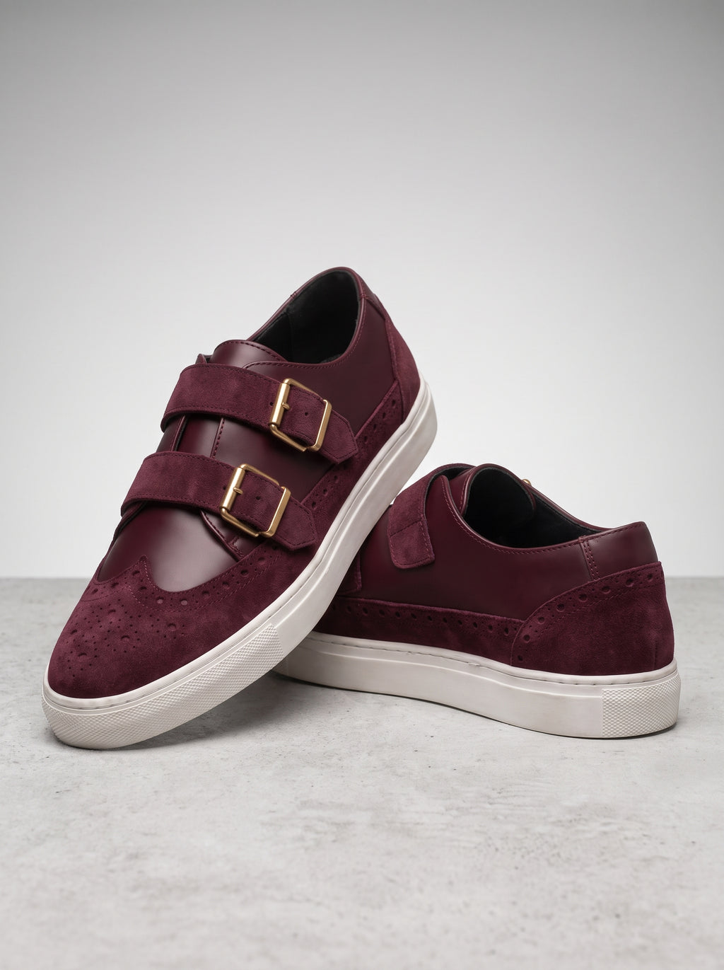 Velvet Crest Burgundy | Men's Burgundy Suede Double Monk Strap Sneakers with Gold Buckles | D.