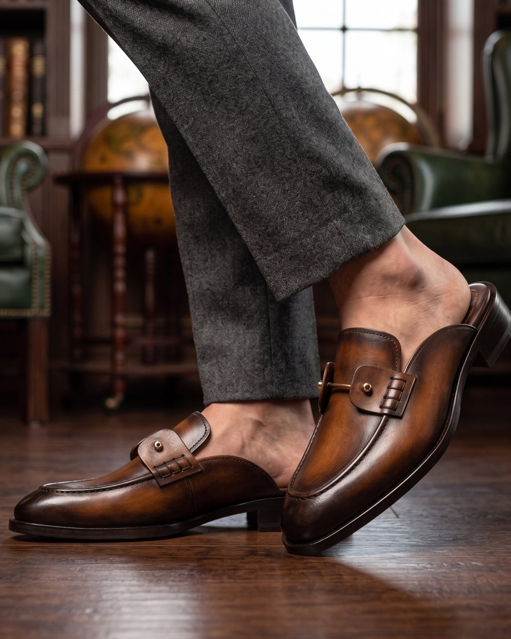 Baron Mule | Men's Leather Loafer Mule with Gold Buckle | D.