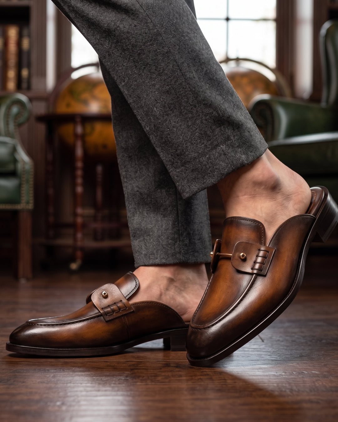 Baron Mule | Men's Leather Loafer Mule with Gold Buckle | D.
