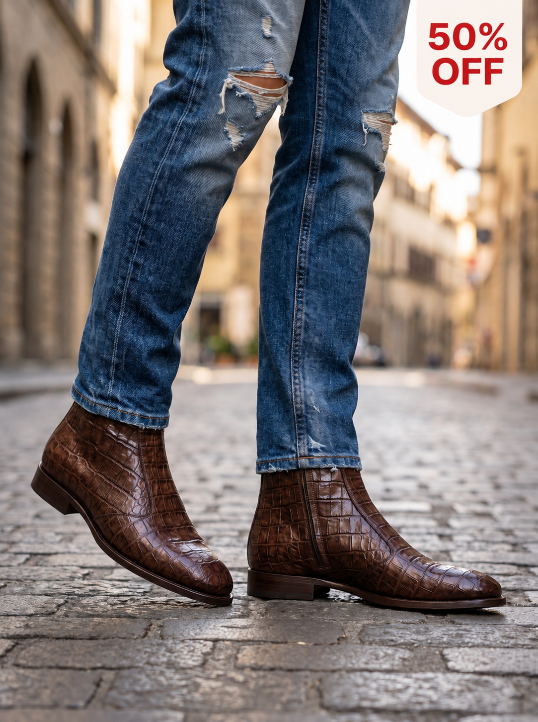 Amber Croc — Crocodile-Embossed Leather Ankle Boots | D.