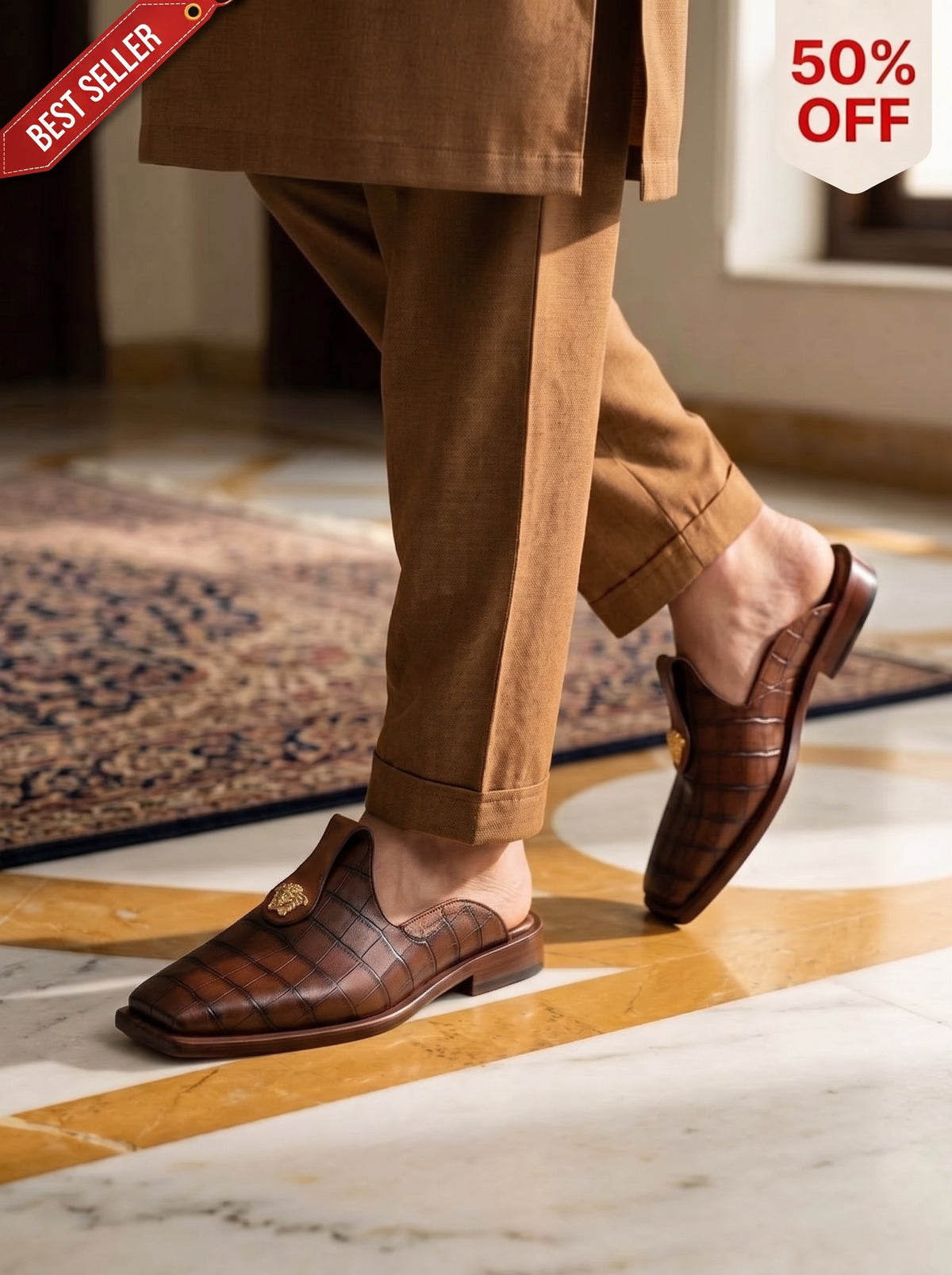 CrocMule | Men's Brown Croc Leather Mule Half Shoes | D.