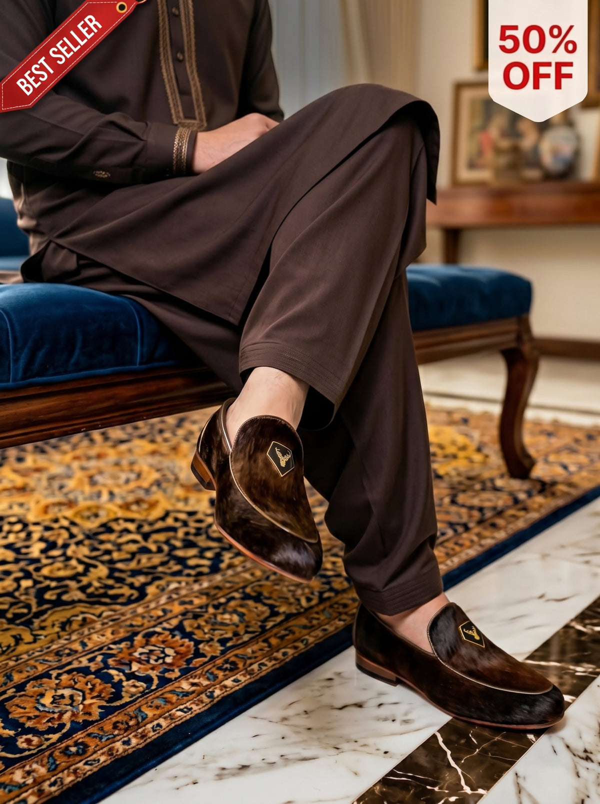Marifat Velvet | Men's Fur Leather Loafers with Gold Deer Emblem | D.