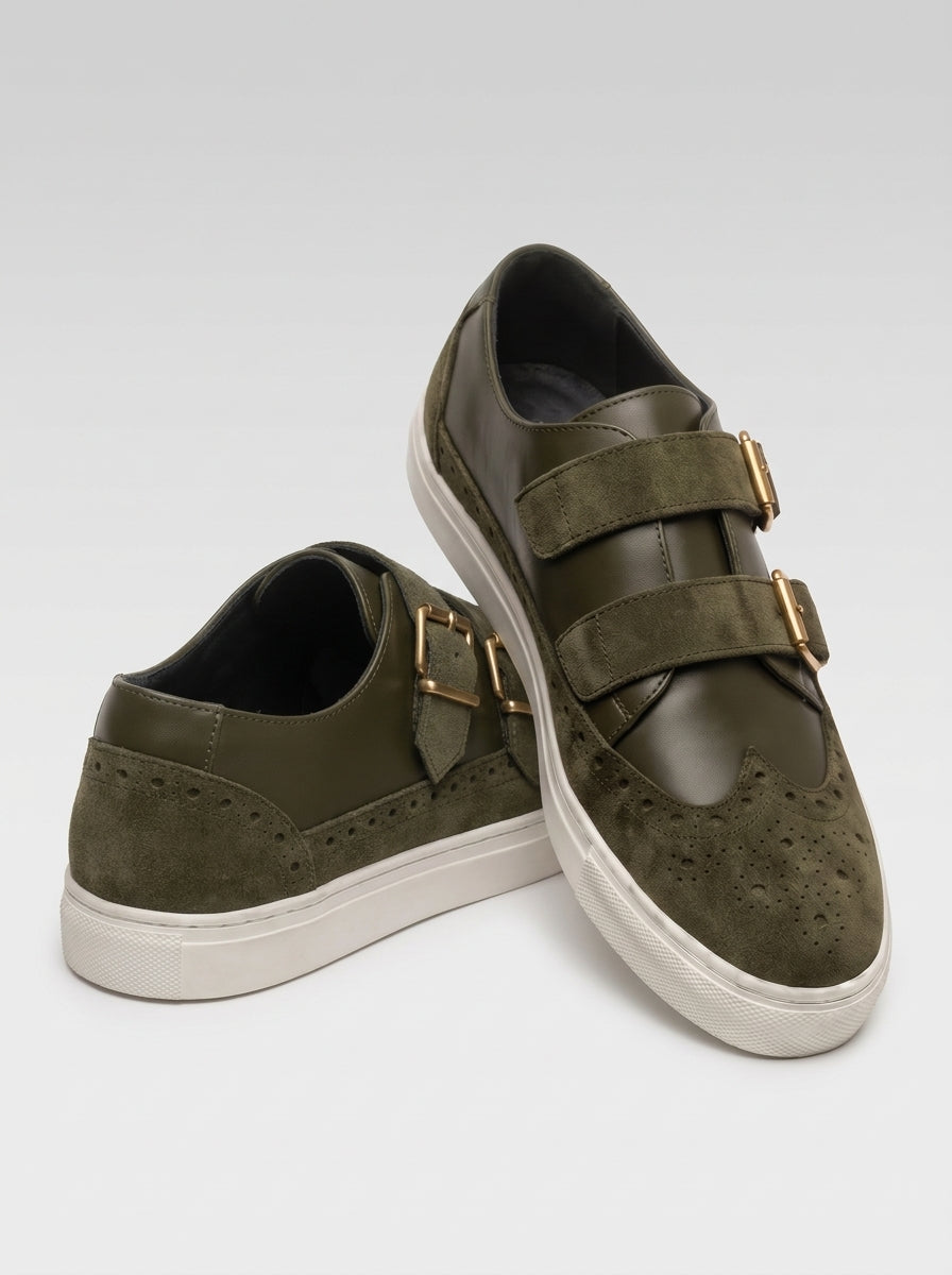Velvet Crest Olive Green| Men's Olive Green Suede Double Monk Strap Sneakers with Gold Buckles | D.