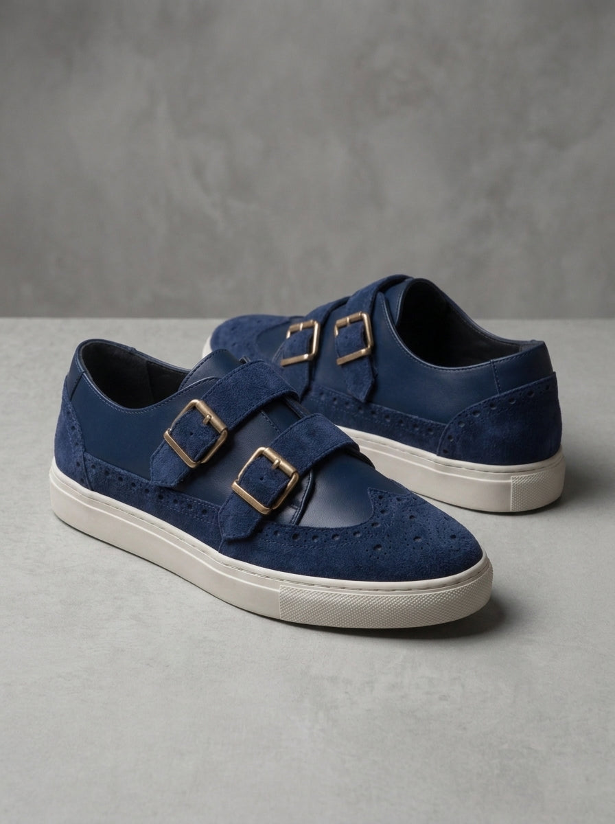 Velvet Crest Navy Blue | Men's Navy Blue Suede Double Monk Strap Sneakers with Gold Buckles | D.