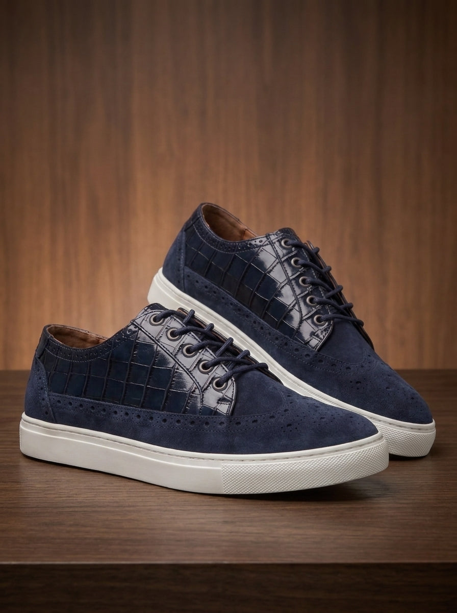 Navy Blue Baron | Men's Navy Blue Suede Wingtip Sneakers with Croco Leather Panel | D.