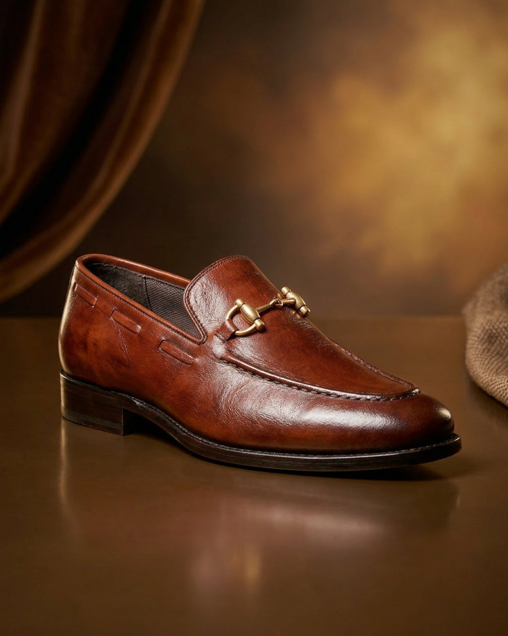 men's brown leather formal loafers gold buckle worn with dress trousers Pakistan