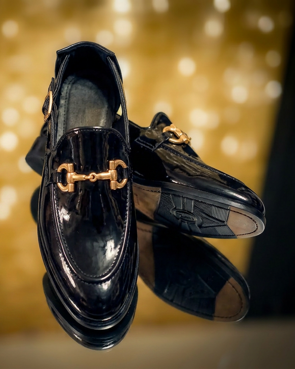 men's black patent leather open side loafers gold buckle formal wear Pakistan