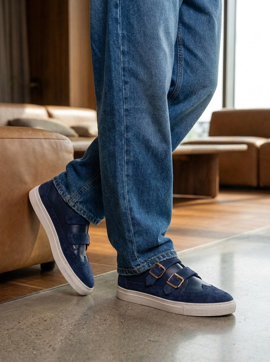 Velvet Crest Navy Blue | Men's Navy Blue Suede Double Monk Strap Sneakers with Gold Buckles | D.