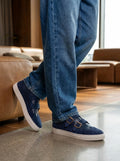 Velvet Crest Navy Blue | Men's Navy Blue Suede Double Monk Strap Sneakers with Gold Buckles | D.