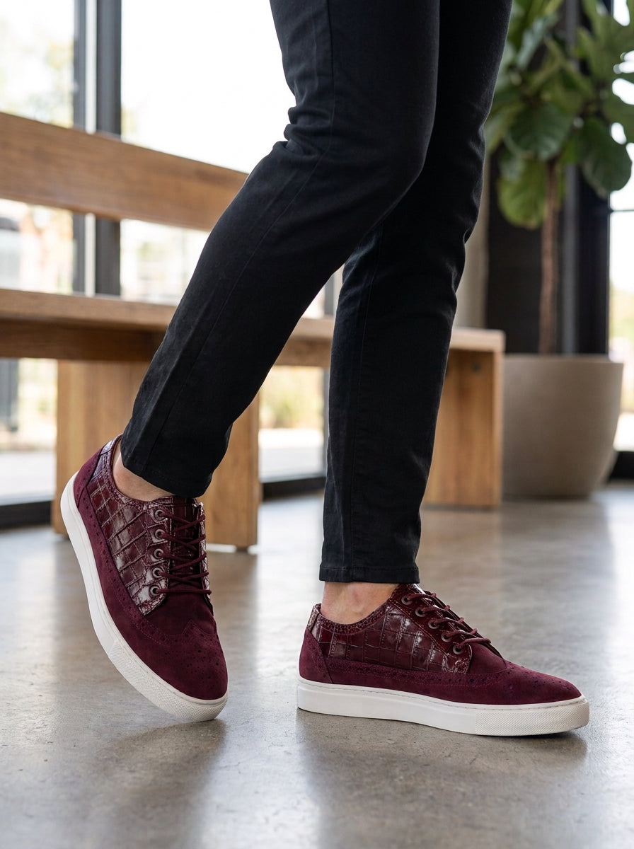 Burgundy Baron | Men's Burgundy Suede Wingtip Sneakers with Croco Leather Panel | D.