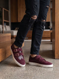 Velvet Crest Burgundy | Men's Burgundy Suede Double Monk Strap Sneakers with Gold Buckles | D.