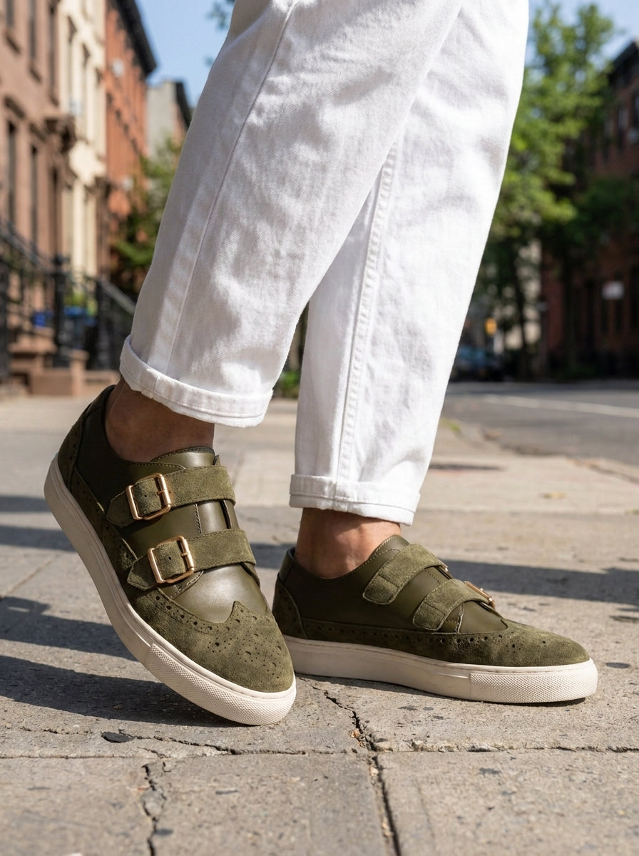 Velvet Crest Olive Green| Men's Olive Green Suede Double Monk Strap Sneakers with Gold Buckles | D.