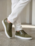 Olive Green Baron | Men's Olive Green Suede Wingtip Sneakers with Croco Leather Panel | D.