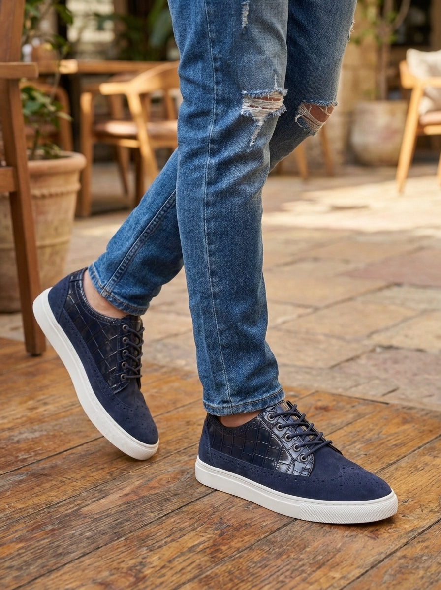 Navy Blue Baron | Men's Navy Blue Suede Wingtip Sneakers with Croco Leather Panel | D.
