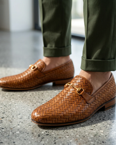 WovenOak D. men's tan woven leather loafers gold buckle Pakistan