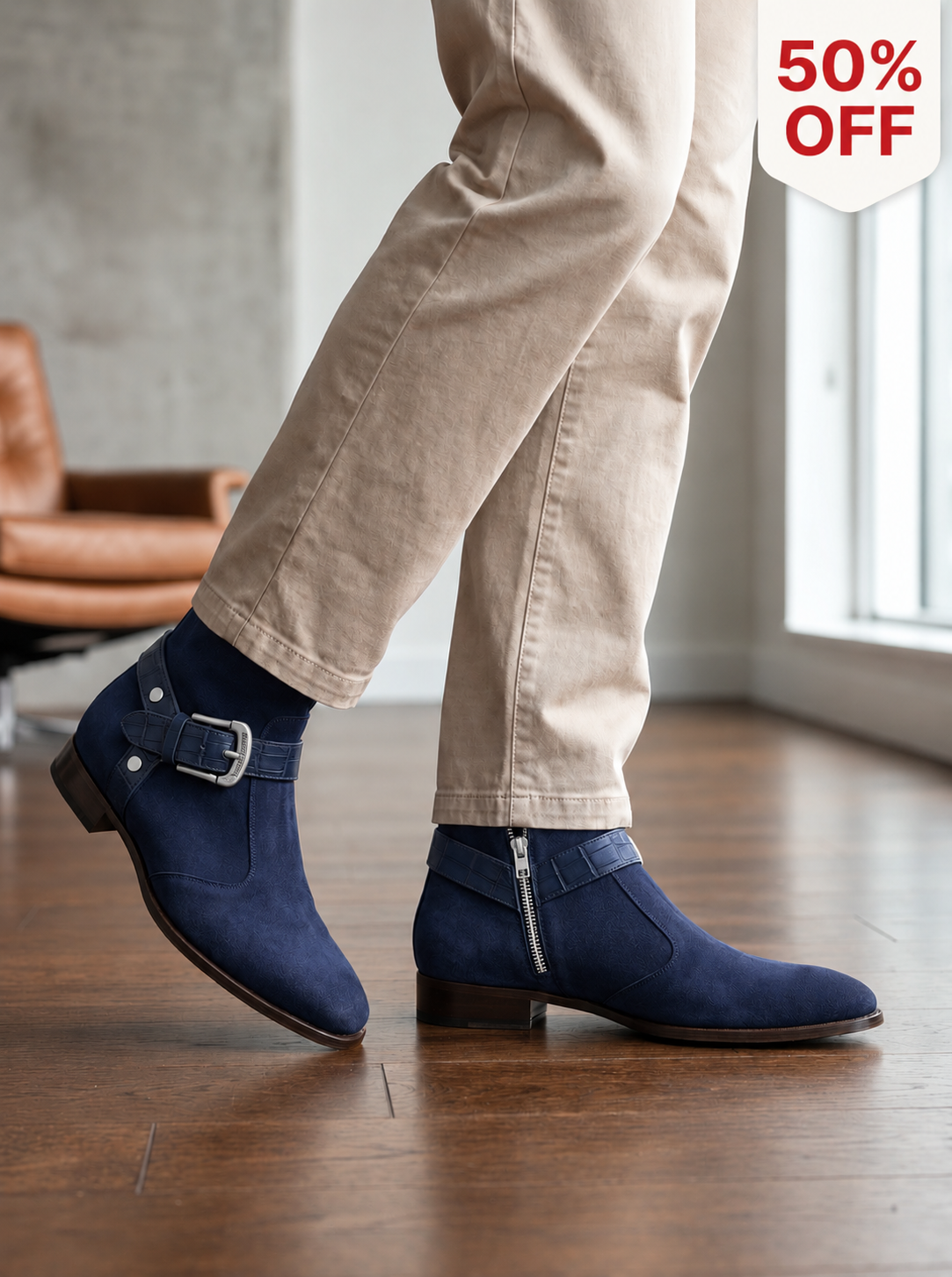 Crown Walker | Men's Navy Blue Suede Ankle Boots with Croco Strap & Silver Buckle | D.