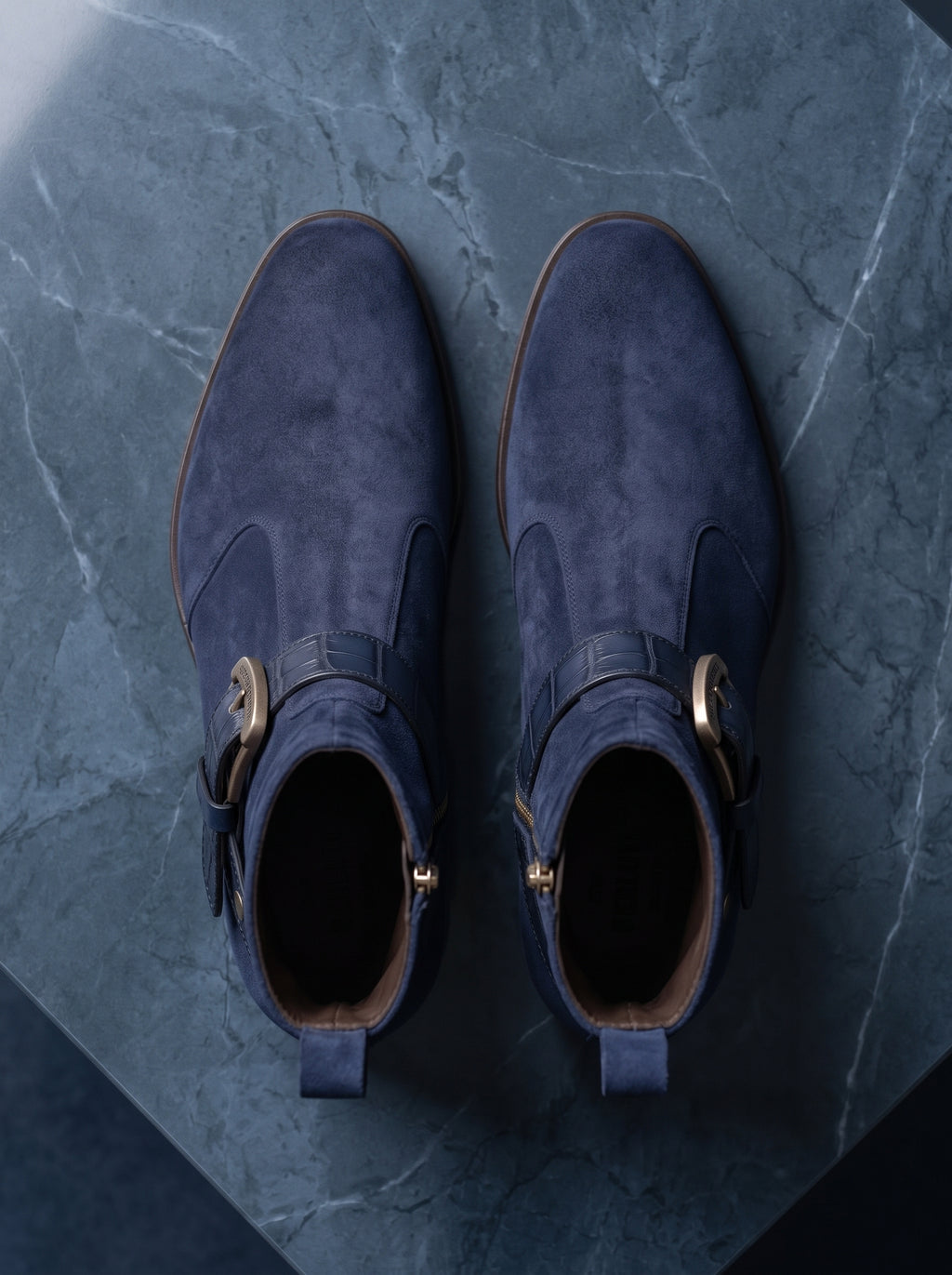Crown Walker | Men's Navy Blue Suede Ankle Boots with Croco Strap & Silver Buckle | D.