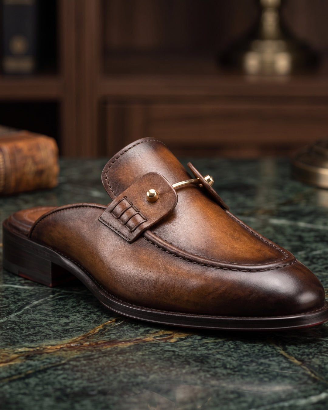 Baron Mule | Men's Leather Loafer Mule with Gold Buckle | D.