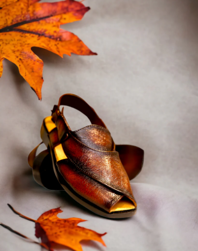 men's traditional leather Peshawari chappal cross strap gold insole Pakistan