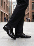 Shadow | Men's black patent leather Chelsea boots with elastic side panels | D.