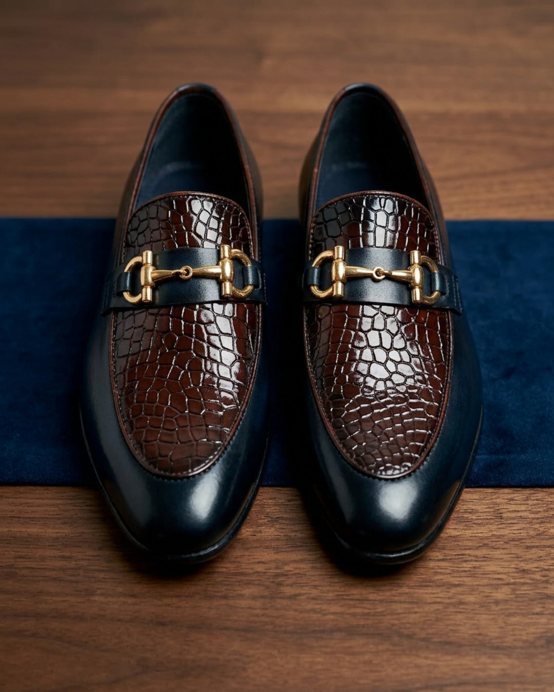 Azure Croc | Men's Navy & Brown Two-Tone Croco Leather Loafers with Gold Buckle | D.