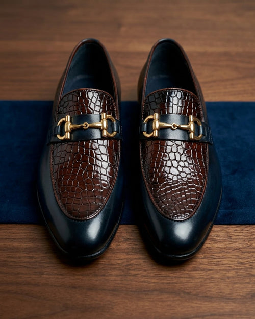 Azure Croc | Men's Navy & Brown Two-Tone Croco Leather Loafers with Gold Buckle | D.