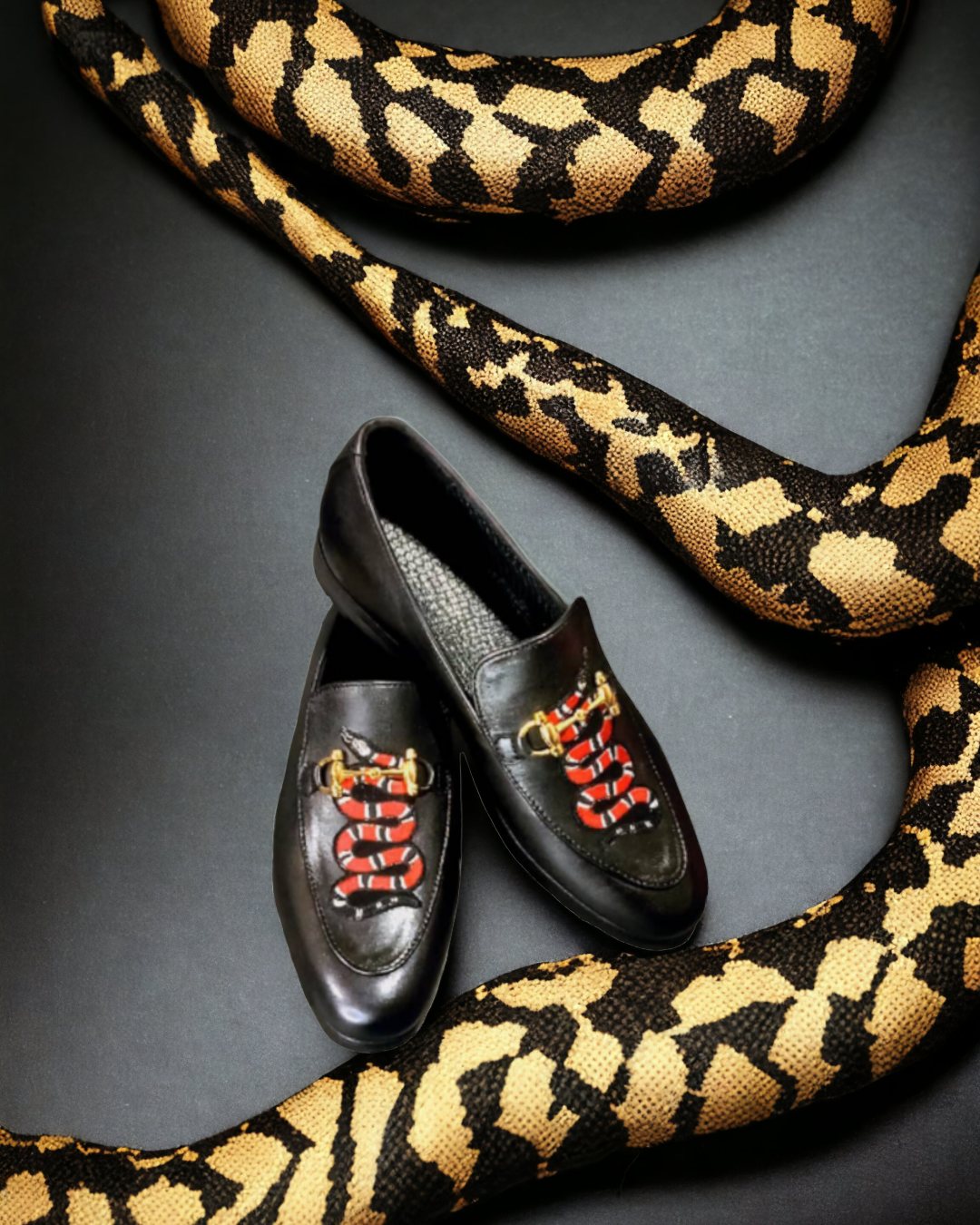 ViperVogue | Men's Black Leather Loafers with Snake Embroidery & Gold Buckle | D.