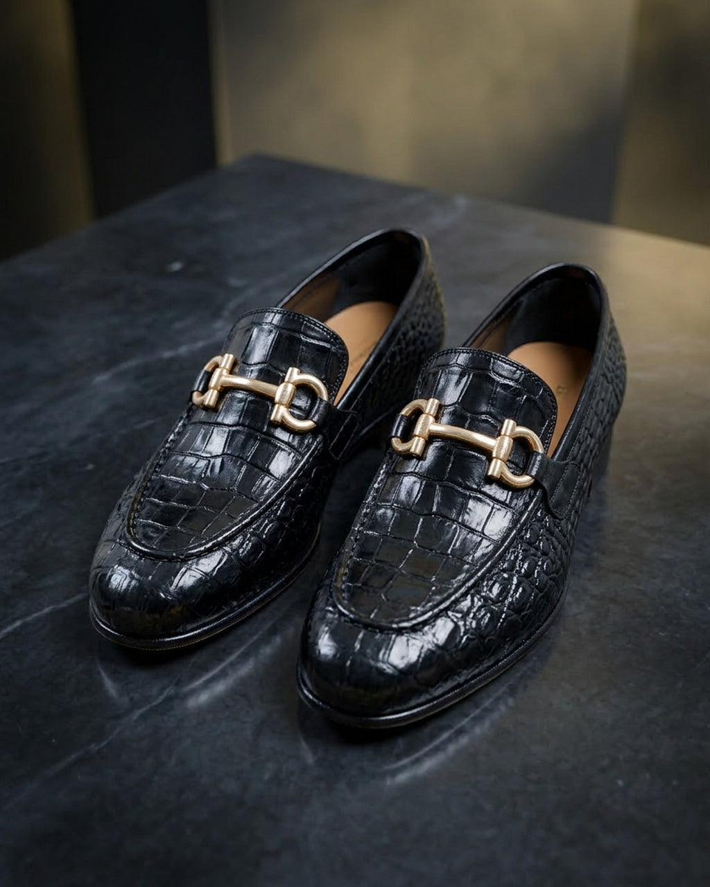 Alligate | Men's Black Croco Leather Loafers with Gold Buckle | D.