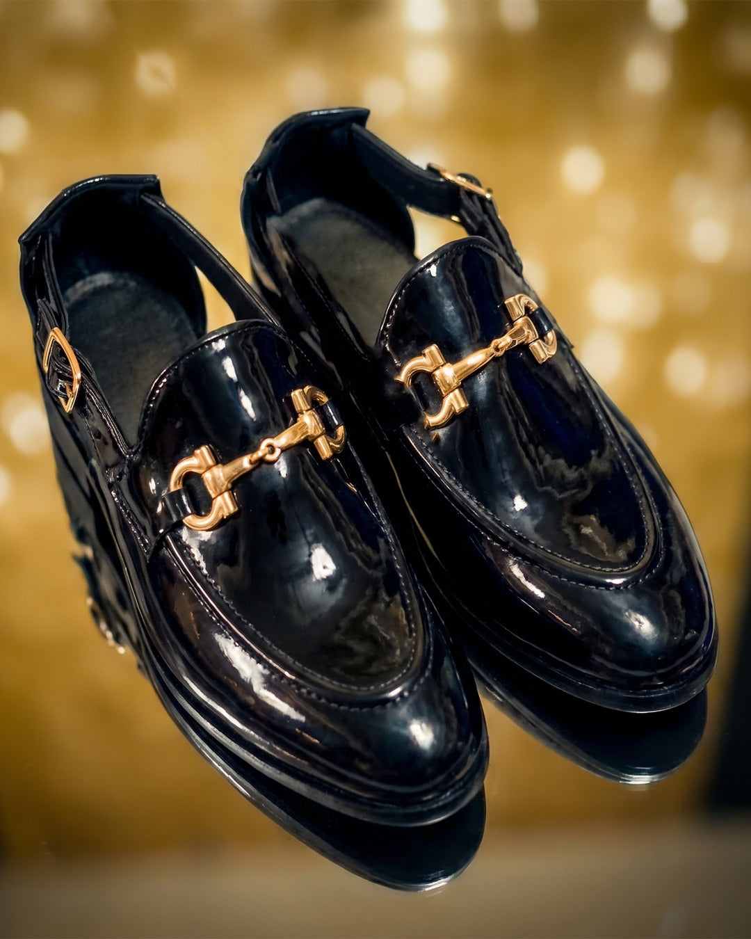 GlossGentry | Men's Black Patent Leather Loafers with Gold Buckle | D.