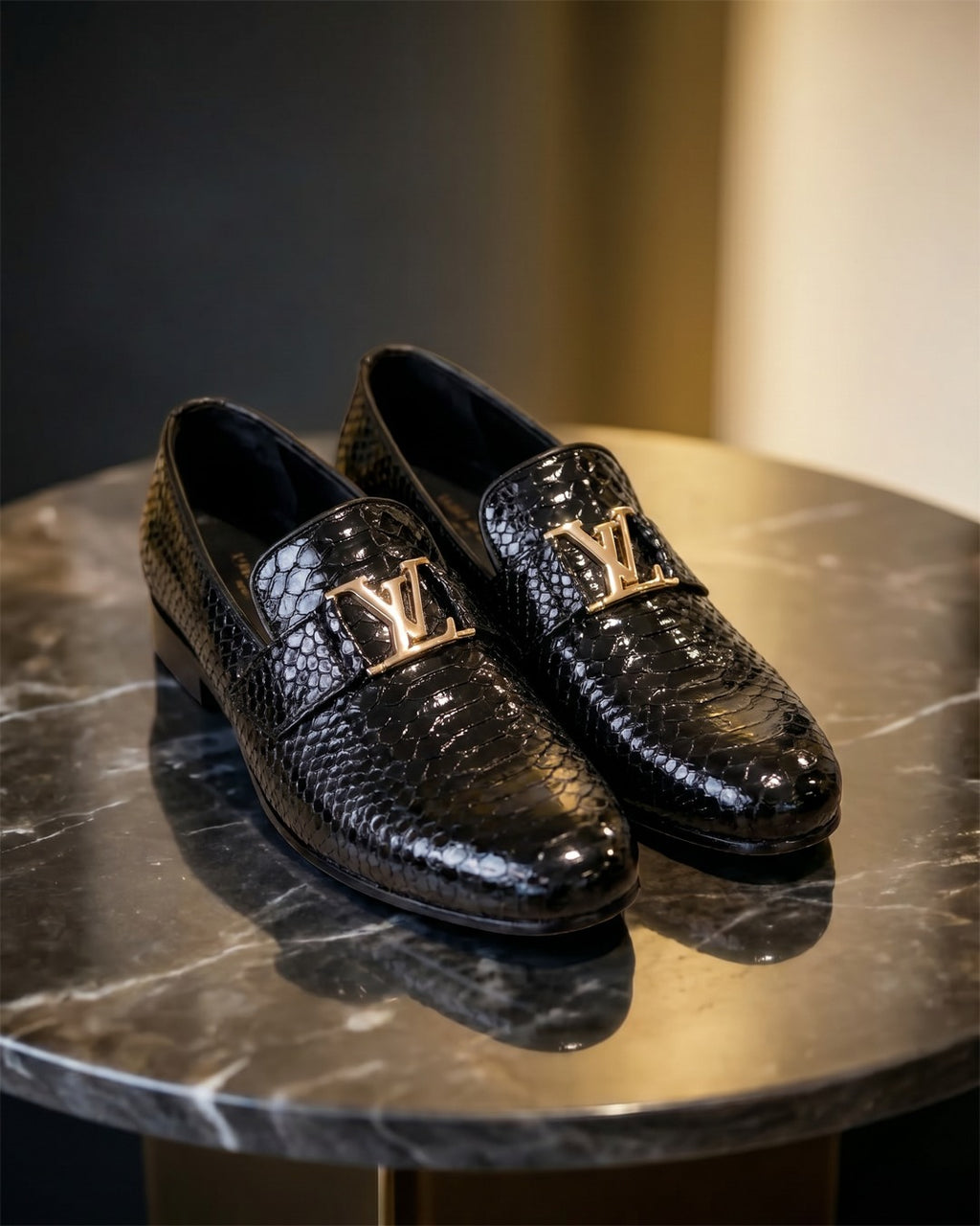 Cobra Charm | Men's Black Snake Print Leather Loafers with Gold Buckle | D.