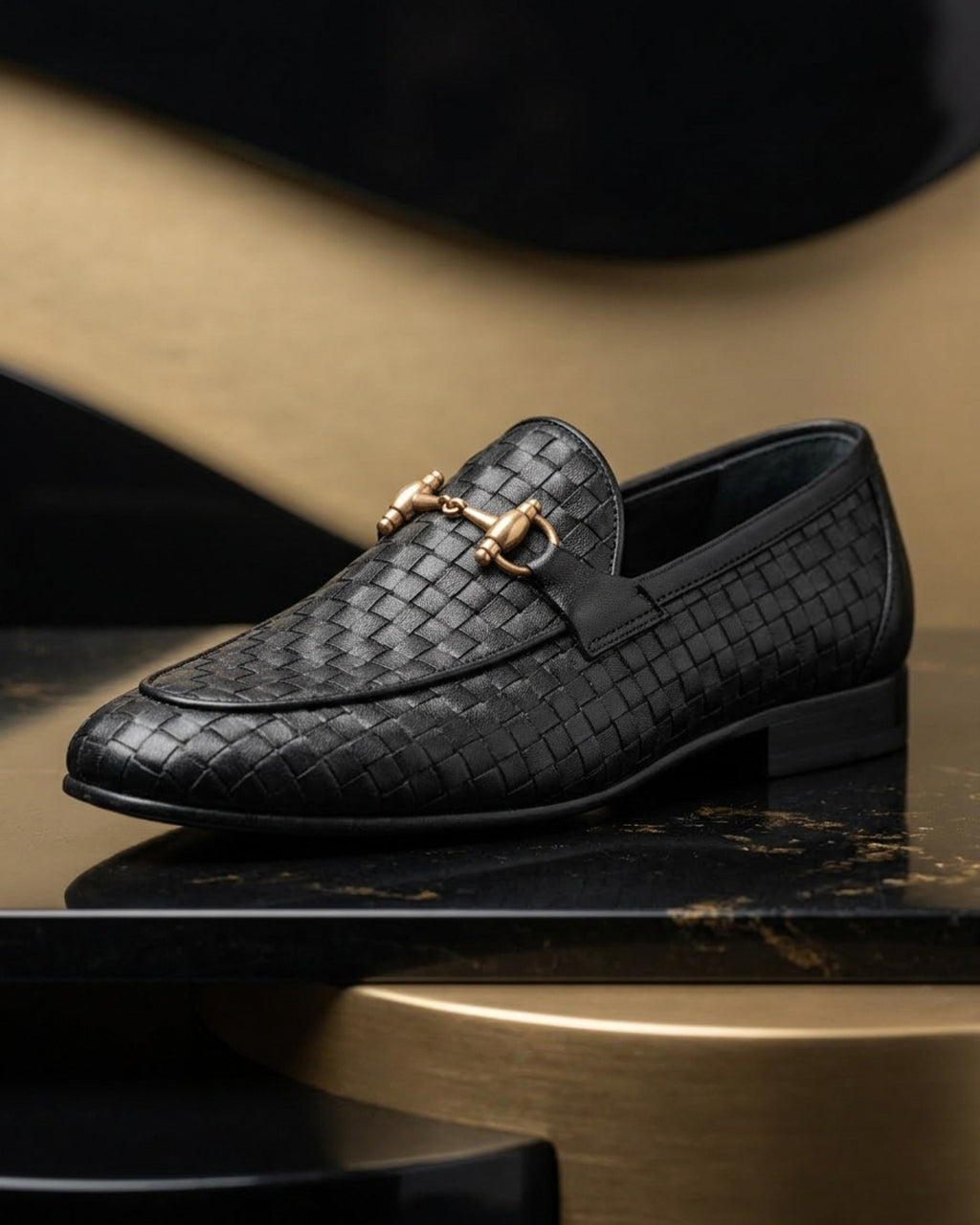 EliteBit | Men's Black Woven Leather Loafers with Gold Buckle | D.
