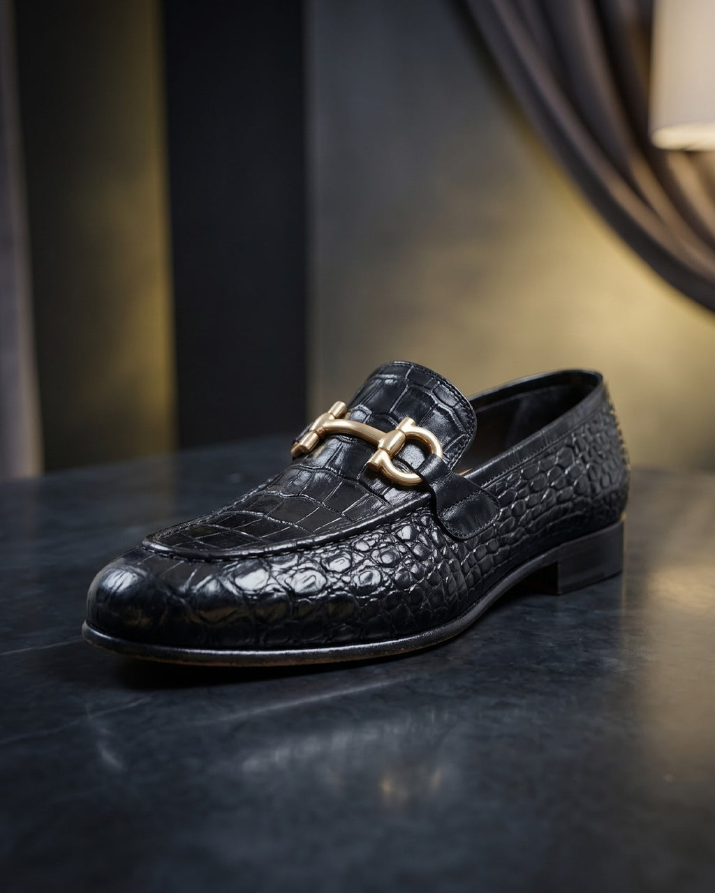 Alligate | Men's Black Croco Leather Loafers with Gold Buckle | D.